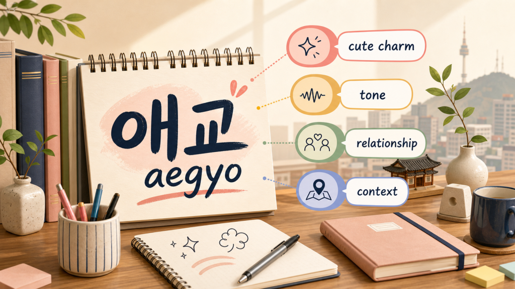 KoreaDecoded visual guide explaining aegyo through tone, relationship, and context.