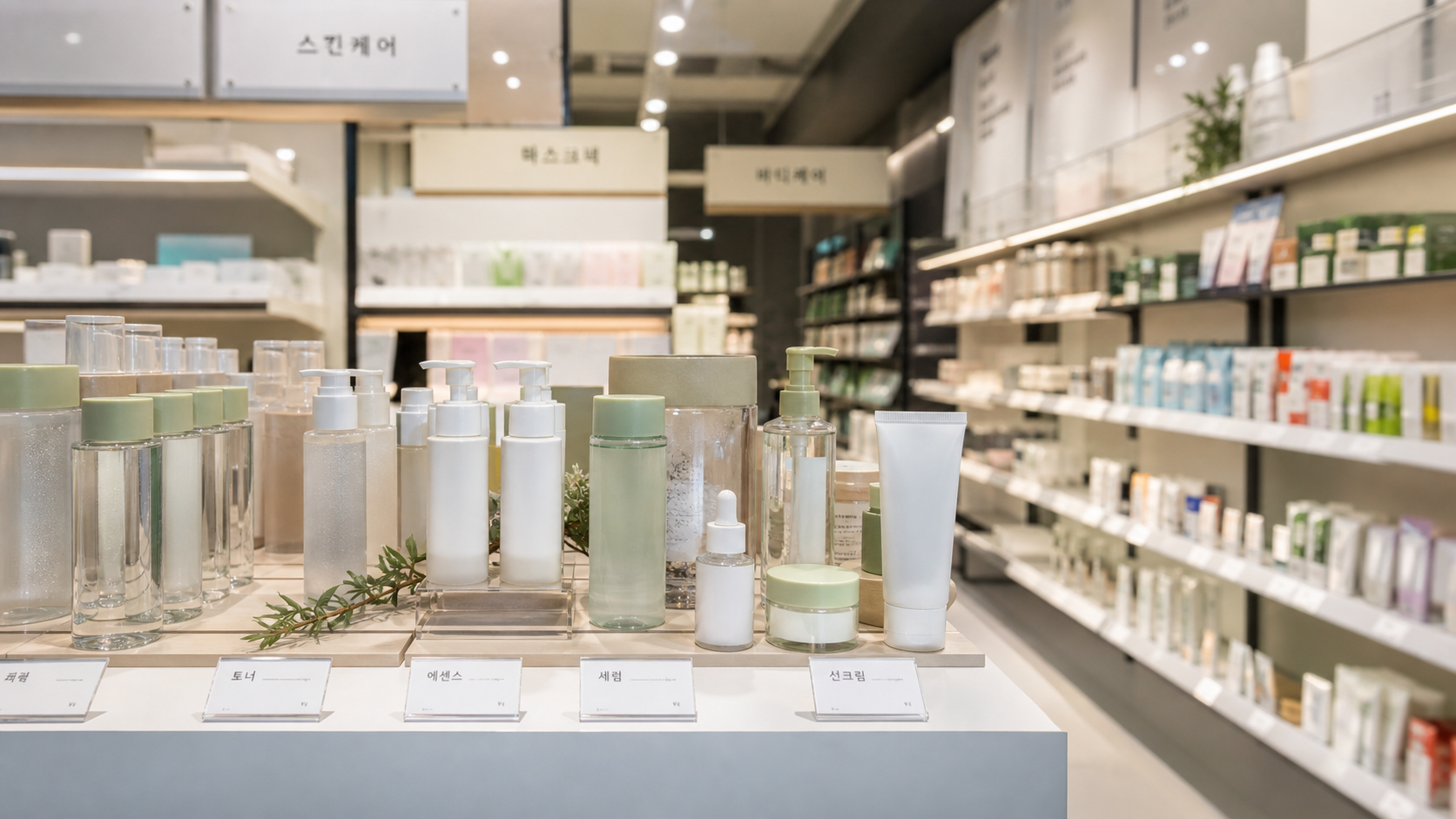 Korean beauty shop with generic skincare products labeled in Korean, including toner, essence, serum, and sunscreen.