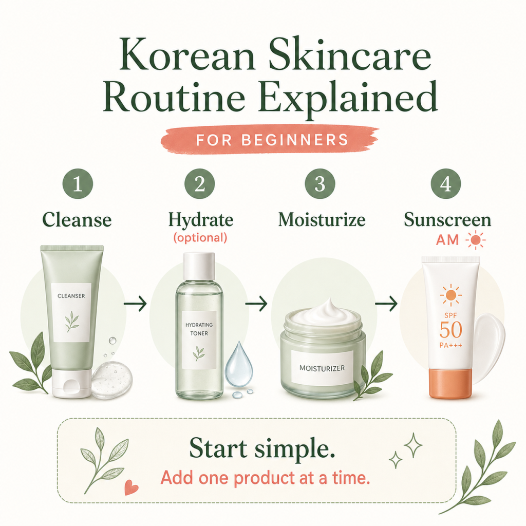 Diagram showing a beginner Korean skincare routine order: cleanse, optional hydrate, moisturize, and morning sunscreen.