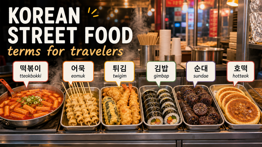 Korean street food stall guide with labeled Korean dishes.