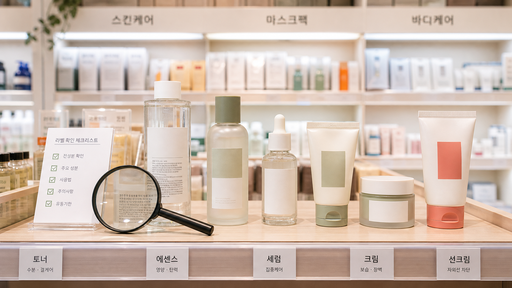 Korean beauty shop display with generic skincare bottles and a label-reading checklist.