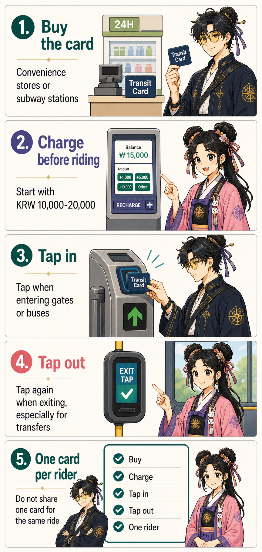 Five-panel KoreaDecoded Guardians webtoon explaining how to buy, charge, tap in, tap out, and use one transit card per rider in Korea.